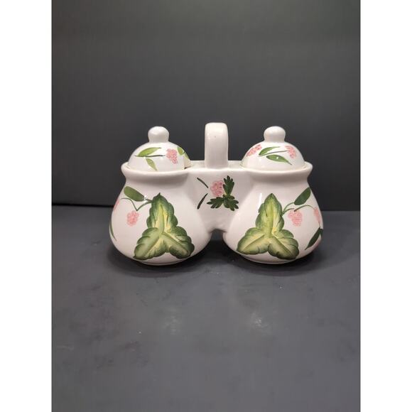 DesignPac Dual Condiment Pot, Jam Jelly Ceramic Holder, Hand Painted Berries - Picture 1 of 8